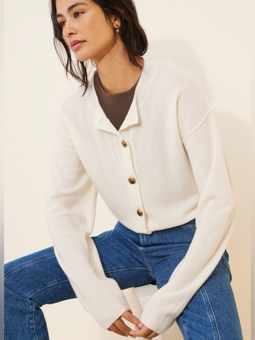 Free People Lila 100% Cashmere Cardigan Cream Button-Front Sweater Waffle Knit M